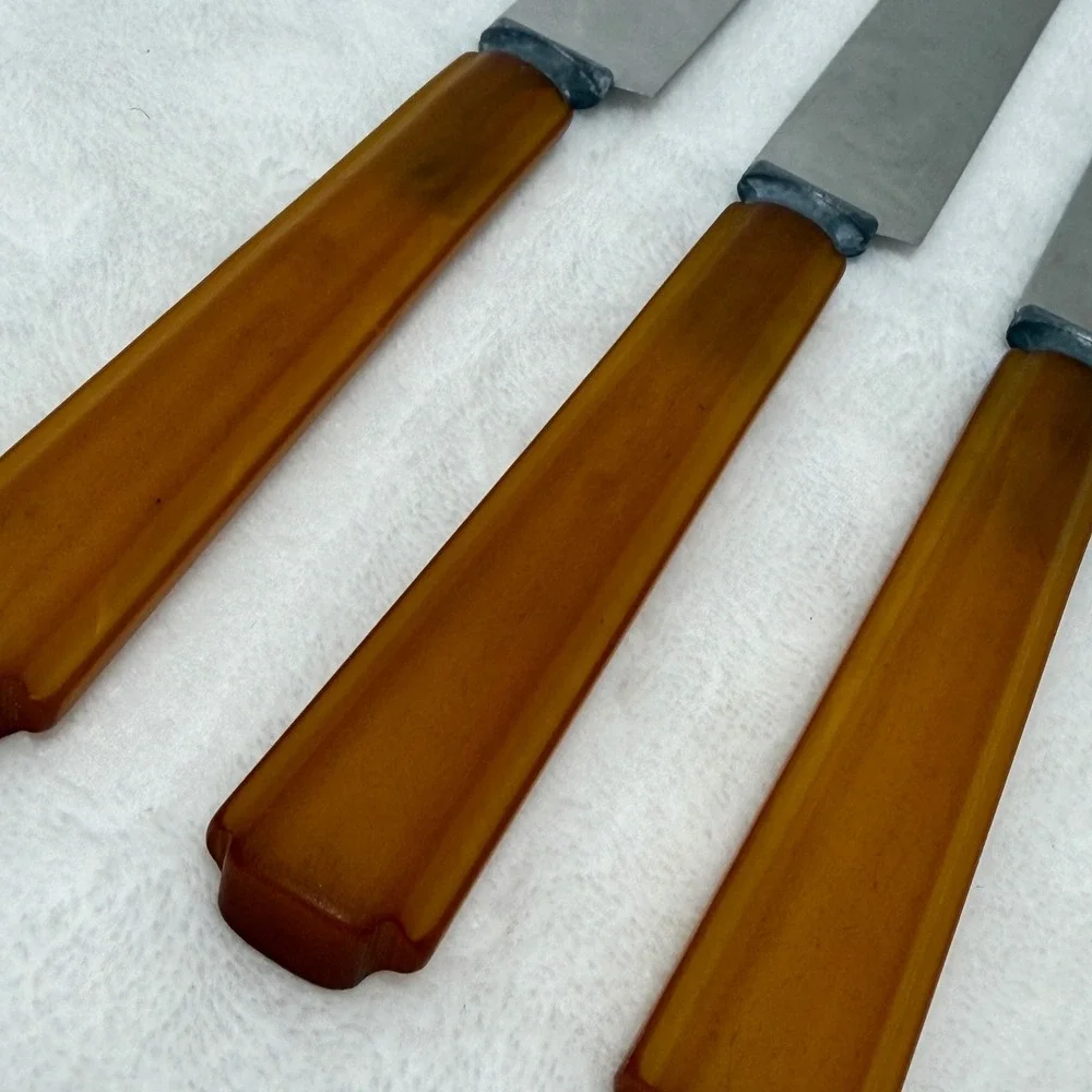 VTG Butterscotch Bakelite Handle Dinner Knives Art Deco Stainless Set of 3 MCM